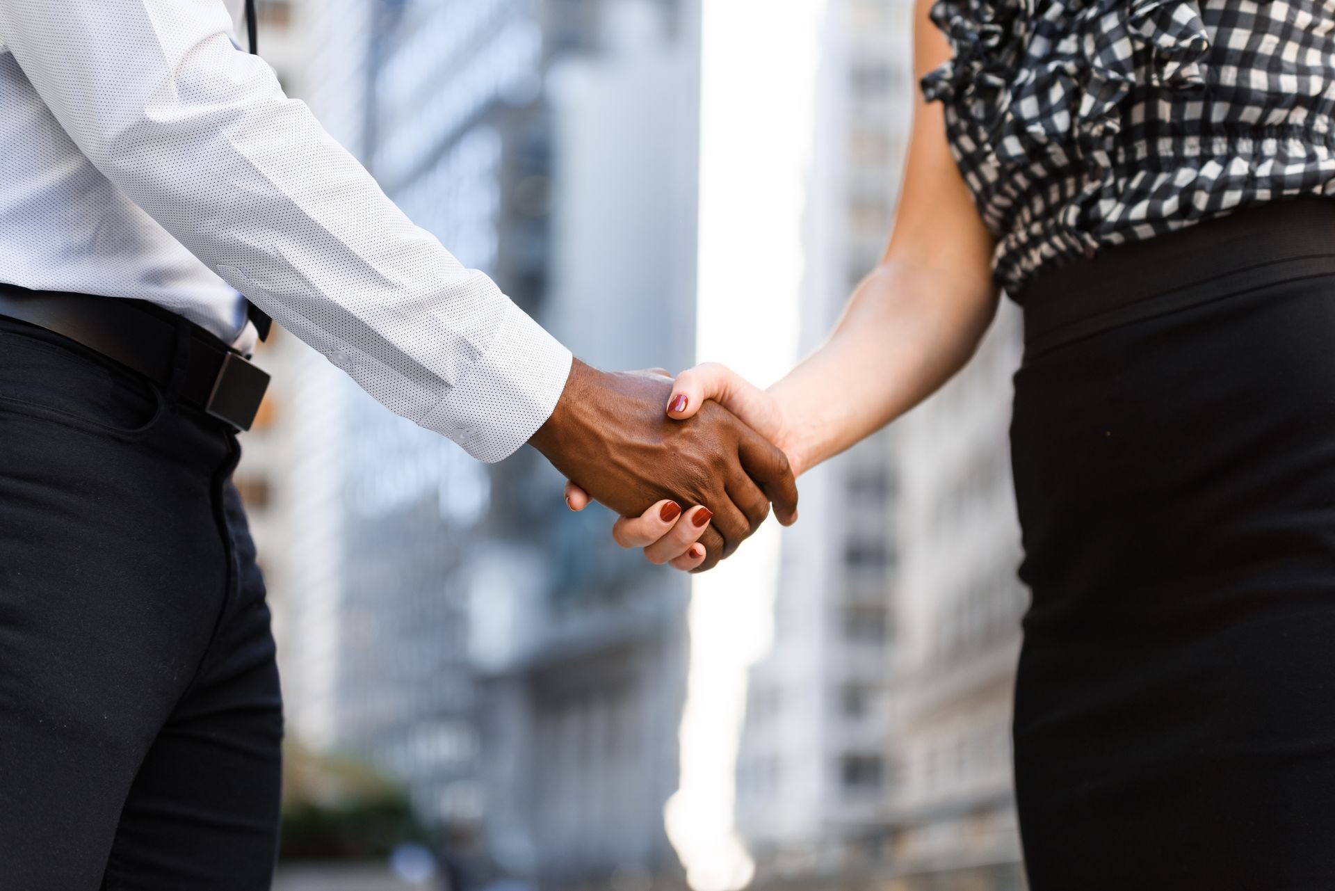 International colleagues handshake in outdoor meeting 